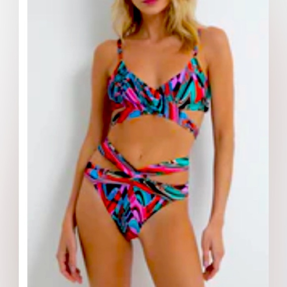 PatBO Multi-Color Abstract Wrap Bikini — Pink, Blue, Turquoise, Black